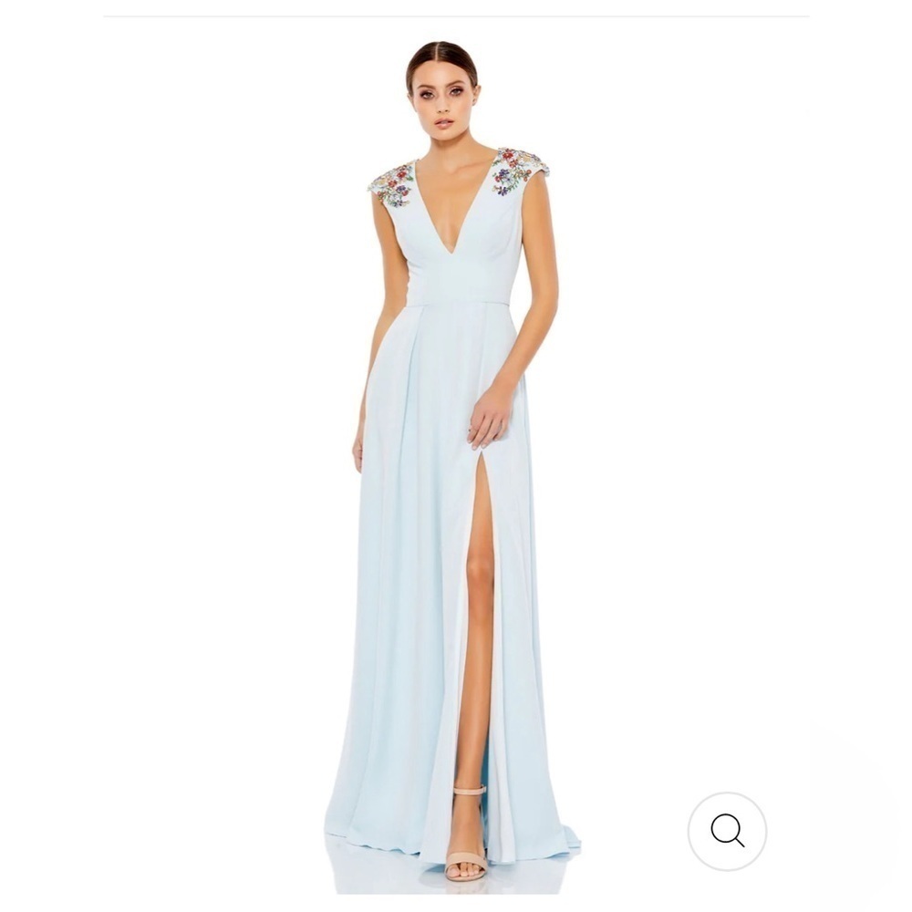 Mac Duggal Sky Blue Maxi Dress with Floral Shoulder Details